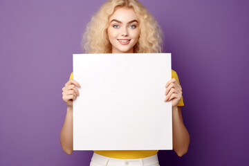 Holding blank poster isolated, copyspace, mockup. Blank space to enter text, advertising, message. Promoting the product on the market. marketing. Generative AI. 