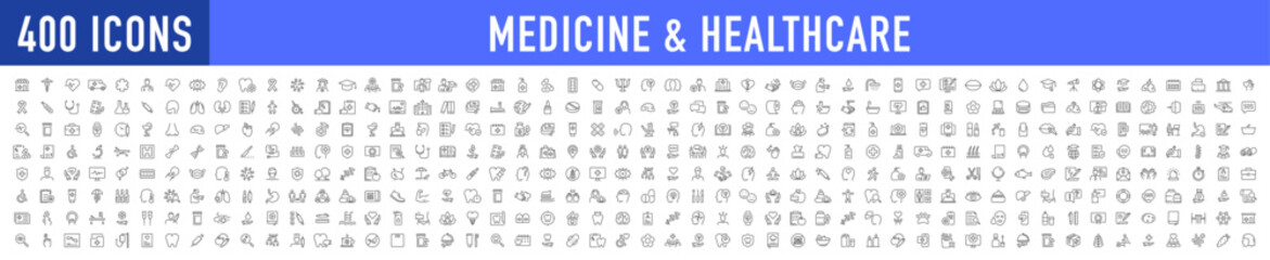 Fototapeta na wymiar Set of 400 Medicine and Healthcare web icons in line style. Medicine and Health Care, RX. Vector illustration.