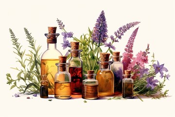 essential oils isolated on white background. Generated by AI. - obrazy, fototapety, plakaty
