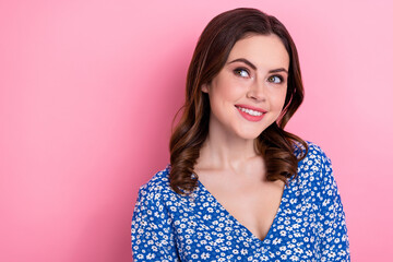 Photo of gorgeous adorable lovely lady wear blue stylish clothes look up interesting proposition isolated on pink color background