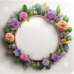 Round frame shape Flower wreath frame made of flowers and leaves, Flat lay. Generative Ai