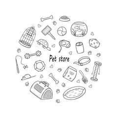 Pet store doodle, a set of icons of goods for the animal store. Vector illustration.