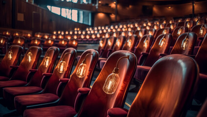 Obraz premium Auditorium theater with empty red chairs, red cinema seating, vintage style. Generative AI.