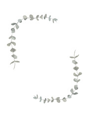 Grey and green watercolor eucalyptus frame. Spring and winter botanical illustration for wedding, greeting card, wreath. Botanical foliage isolated on white background