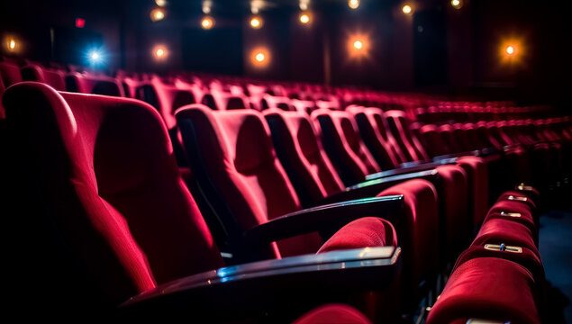 Auditorium Theater With Empty Red Chairs, Red Cinema Seating, Vintage Style. Generative AI.