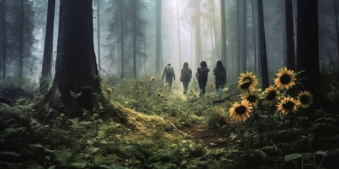 Young adults explore a lush forest on a sunny day - generative ai.