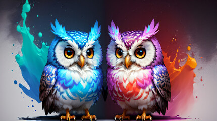 cute colorful twin owls