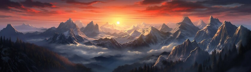 Fototapeta na wymiar Sunset scene of majestic mountain peaks Generative AI