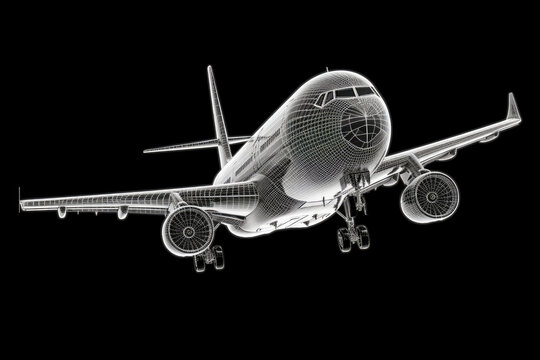 A three-dimensional image of an airplane on a black background.
