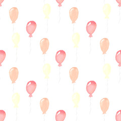 Balloons on white background, seamless holiday pattern. Childish pattern for the design of wallpaper, packaging, birthday wrapping paper. Watercolor illustration, holiday decor.