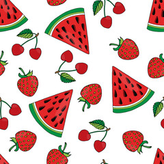 vector illustration of seamless pattern summer fruits, berries. Watermelon slices, strawberries and cherries on a white background