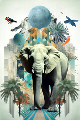 Collage with vivid colors, geometric patterns, animal theme. Ai illustration, fantasy digital, Generative AI