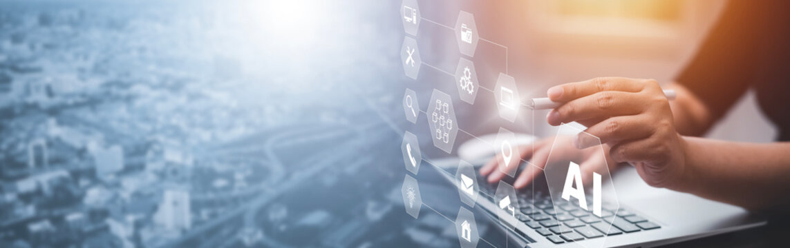 Programmer people working laptops or smartphones with AI, artificial intelligence software engineer coding on laptop computers with technology icons and binary code, big data, Ai bot digital machine