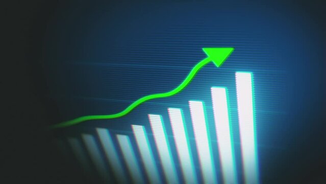 3d Screen Of Business Growth Stats Bars/ 4k animation of a 3d business infographics with rising arrow and bar stats appearing, symbolizing growth and success, with glitch and noise digital effects