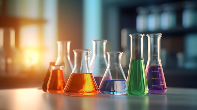 Vibrant Scientific Elixirs: Colorful Liquids in Glassware. Generative AI