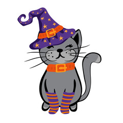 Cute cat in spooky outfit of witch. Halloween Cat Costume Party. Vector illustration.