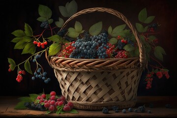 Fototapeta na wymiar Berries in a wicker basket on a dark wooden background