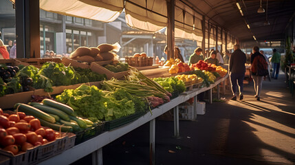 "Farmer's Market": A bustling farmer's market with fresh produce on display, showcasing vibrant colors and a lively atmosphere.