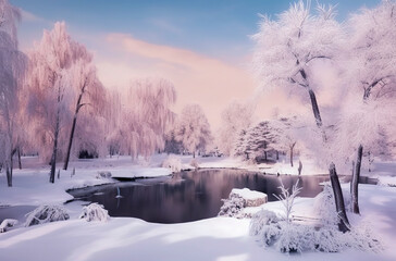 Snowy Serenity: A Majestic Lake Nestled in the Tranquil Beauty of a Winter Forest, ai generative