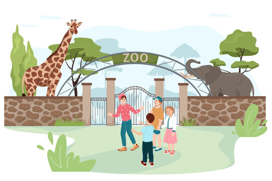 Happy Little children go to see at animals behind enclosure at Zoo. Zoo entrance gates. Cartoon vector illustration with elephant giraffe safari animals and visitors on territory.