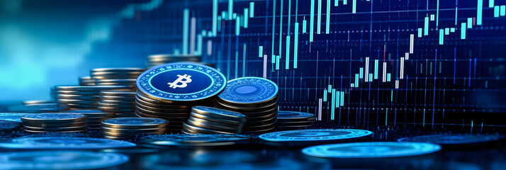 Market Analysis Illustration: 3D Coin Background with Blue Graph and Currency Reports