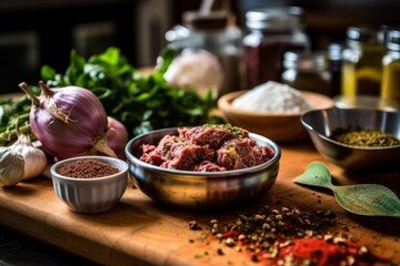 ground lamb with spices, herbs, and a bowl of mixed ingredients on a kitchen counter