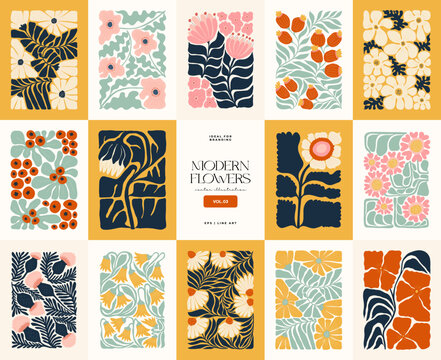 Fototapeta Floral abstract elements. Botanical composition. Modern trendy Matisse minimal style. Floral poster, invite. Vector arrangements for greeting card or invitation design