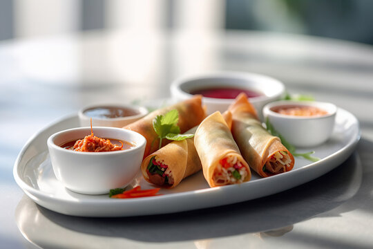 Image of spring rolls on the plate with dipping sauce served on a white table as an appetizer.