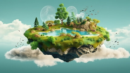 Floating island with lake and beautiful landscape. 3d illustration of flying land green forest with trees, mountains, animals, water isolated with clouds