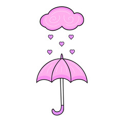 umbrella, cloud with hearts. Vector Illustration for printing, backgrounds, covers and packaging. Image can be used for greeting cards, posters, stickers and textile. Isolated on white background.