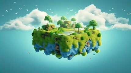 Floating island with lake and beautiful landscape. 3d illustration of flying land green forest with trees, mountains, animals, water isolated with clouds