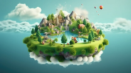 Floating island with lake and beautiful landscape. 3d illustration of flying land green forest with trees, mountains, animals, water isolated with clouds