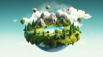 Floating island with lake and beautiful landscape. 3d illustration of flying land green forest with trees, mountains, animals, water isolated with clouds