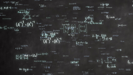 Abstract Physics equation concept, Mathematics calculation, Sciences formula, arithmetic and handwritten geometry symbol, handwriting chalk study on black background, 3d rendering - obrazy, fototapety, plakaty