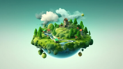 Obraz na płótnie Canvas Floating island with lake and beautiful landscape. 3d illustration of flying land green forest with trees, mountains, animals, water isolated with clouds