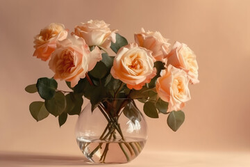 Obraz premium Flowers Roses In Vase On Light Peach Color Background. Generative AI