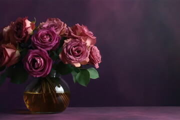 Flowers Roses In Vase On Purple Background Copy Space. Generative AI