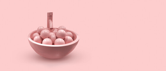Shell with pink balls. Skin care concept. Cosmetic background in pink color. Scene for advertising, cosmetic ads, showcase, presentation, website, banner, cream, fashion. Product display
