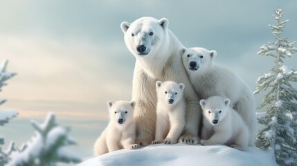 Naklejka na ściany i meble Polar bear mother with cubs. Generative AI