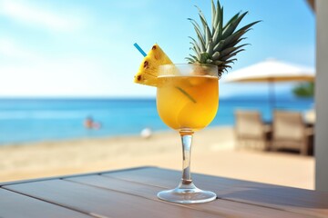 Refreshing yellow cocktail by the sea. Pineapple. Summer, beach and vacation.