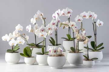 Fototapeta na wymiar Lots Of White Pots With Blooming Orchids On White Background. Generative AI