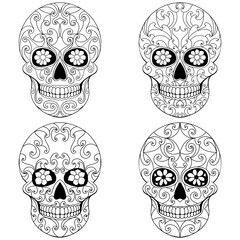 Day of The Dead Skull with floral ornament. Mexican sugar skull set. Illustration on transparent background