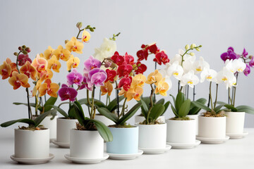 Fototapeta na wymiar Lots Of White Pots With Blooming Orchids In Different Colors On White Background. Generative AI