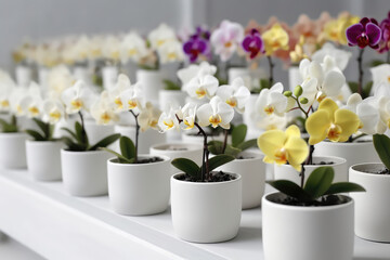 Lots Of White Pots With Blooming Orchids In Different Colors On White Background. Generative AI