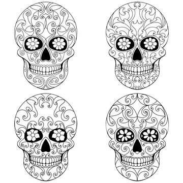 Day of The Dead Skull with floral ornament. Mexican sugar skull set. Illustration on transparent background
