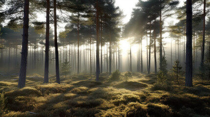 Mystical morning light in a forest at dawn with fog, generative ai