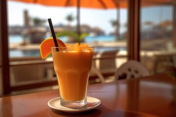 Refreshing Orange cocktail by the sea. Oranges. Summer, beach and vacation.
