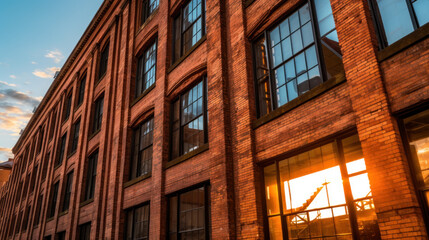 Facade of an old red brick industrial building, generative ai