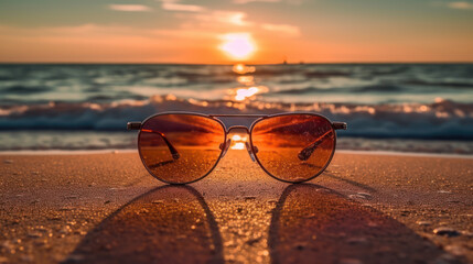 Fototapeta na wymiar Sunglasses resting on the sandy beach near the sea, generative ai