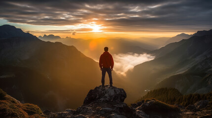 A young person admiring a mountainous landscape at sunrise from the top of the world with a beautiful flare created by the direct sunlight, generative ai